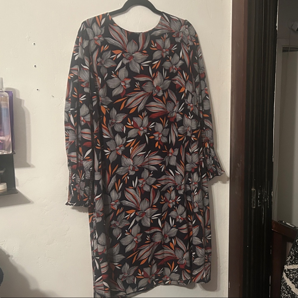 London Times Black and Orange Floral Long Sleeve Dress